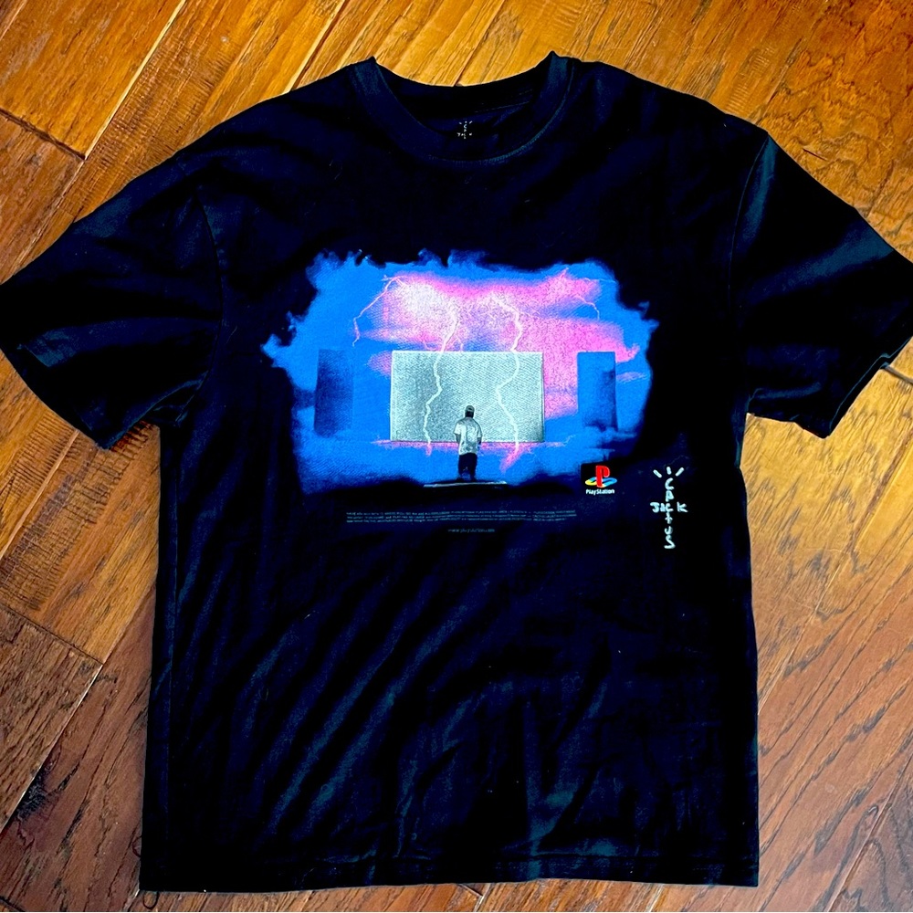 Black t-shirt. Men’s size large. Cactus Jack by Travis Scott x PlayStation.